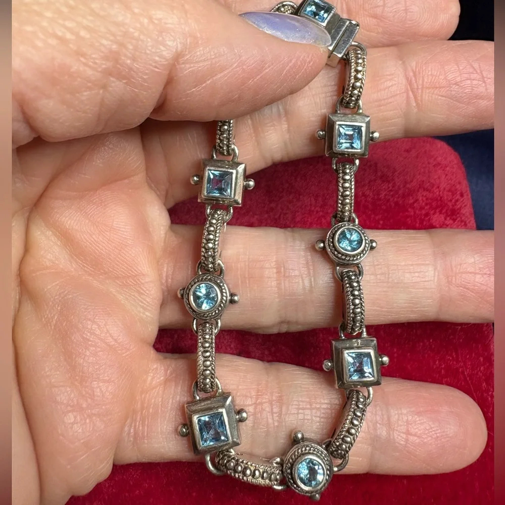 Bracelet Vintage 925 Sterling Silver Art Deco Brutalist Aquamarine Gemstone